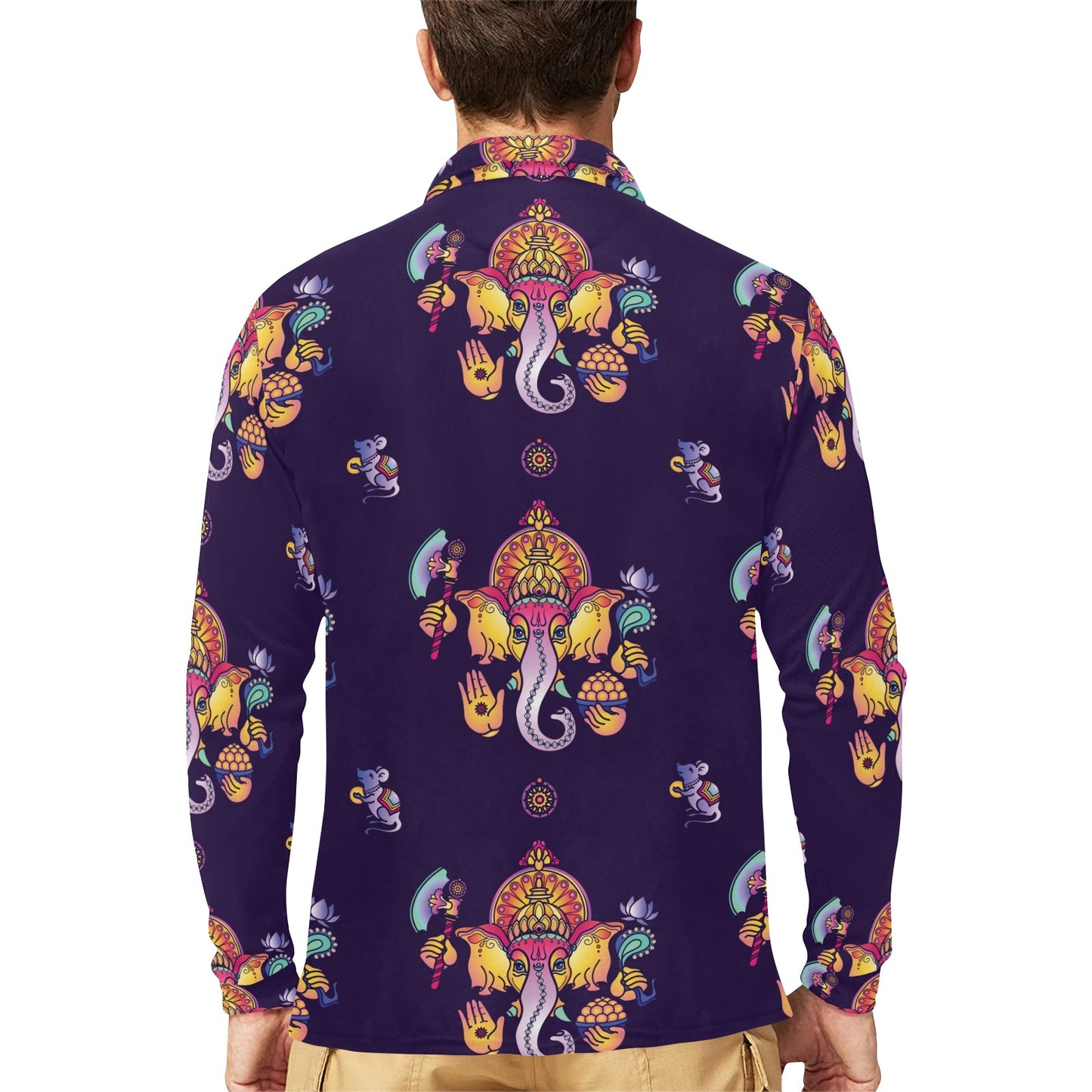 Ganesha Pattern Print Design 04 Long Sleeve Polo Shirt For Men's