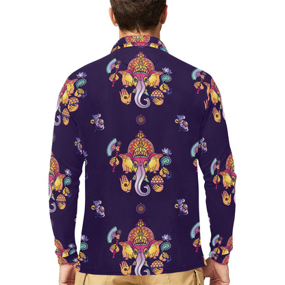 Ganesha Pattern Print Design 04 Long Sleeve Polo Shirt For Men's