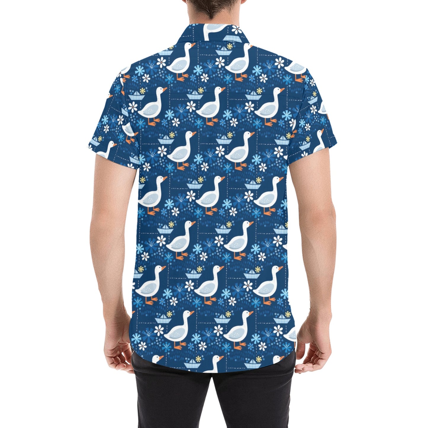 Goose Print Design LKS405 Men Short Sleeve Button Up Shirt
