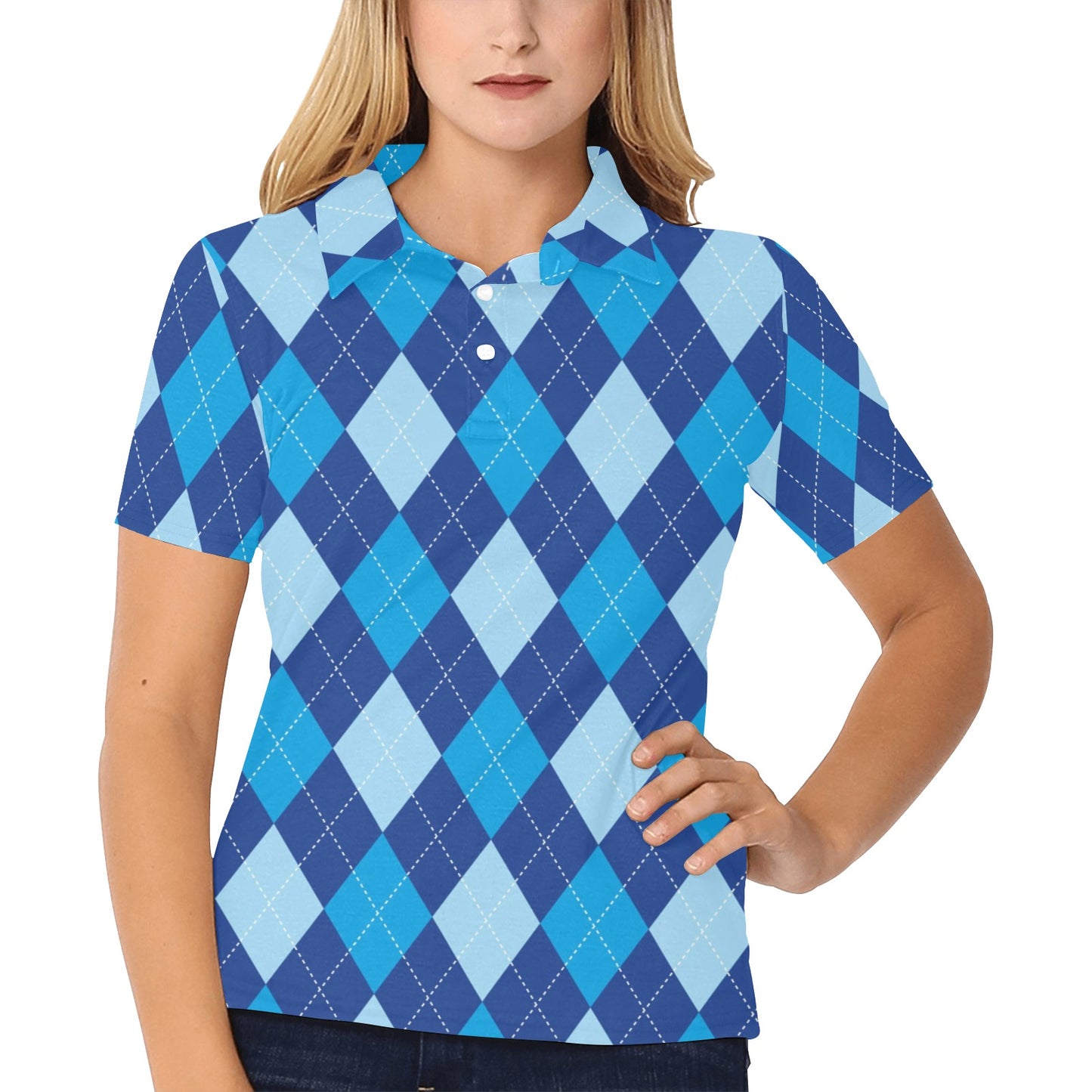 Argyle Blue Pattern Print Design 02 Women's Polo Shirt