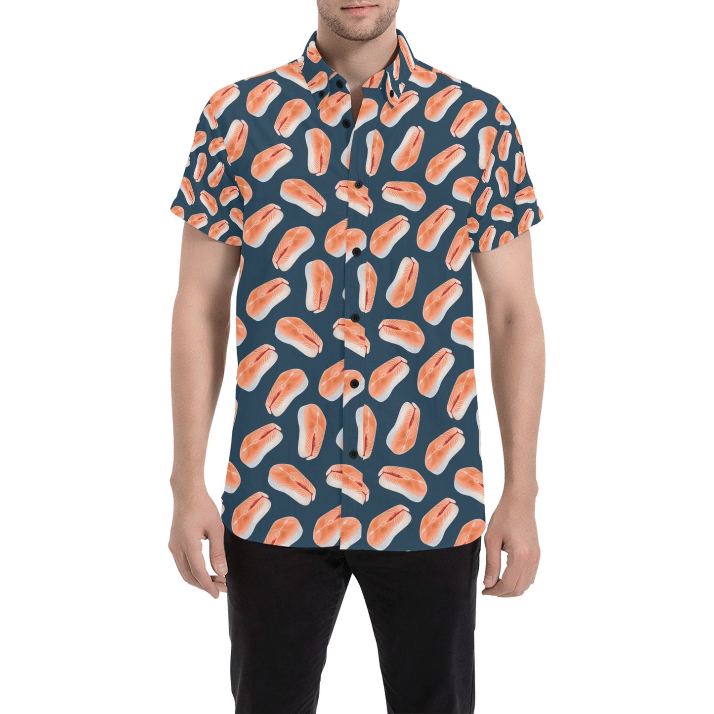 Salmon Steak Print Design LKS306 Men Short Sleeve Button Up Shirt