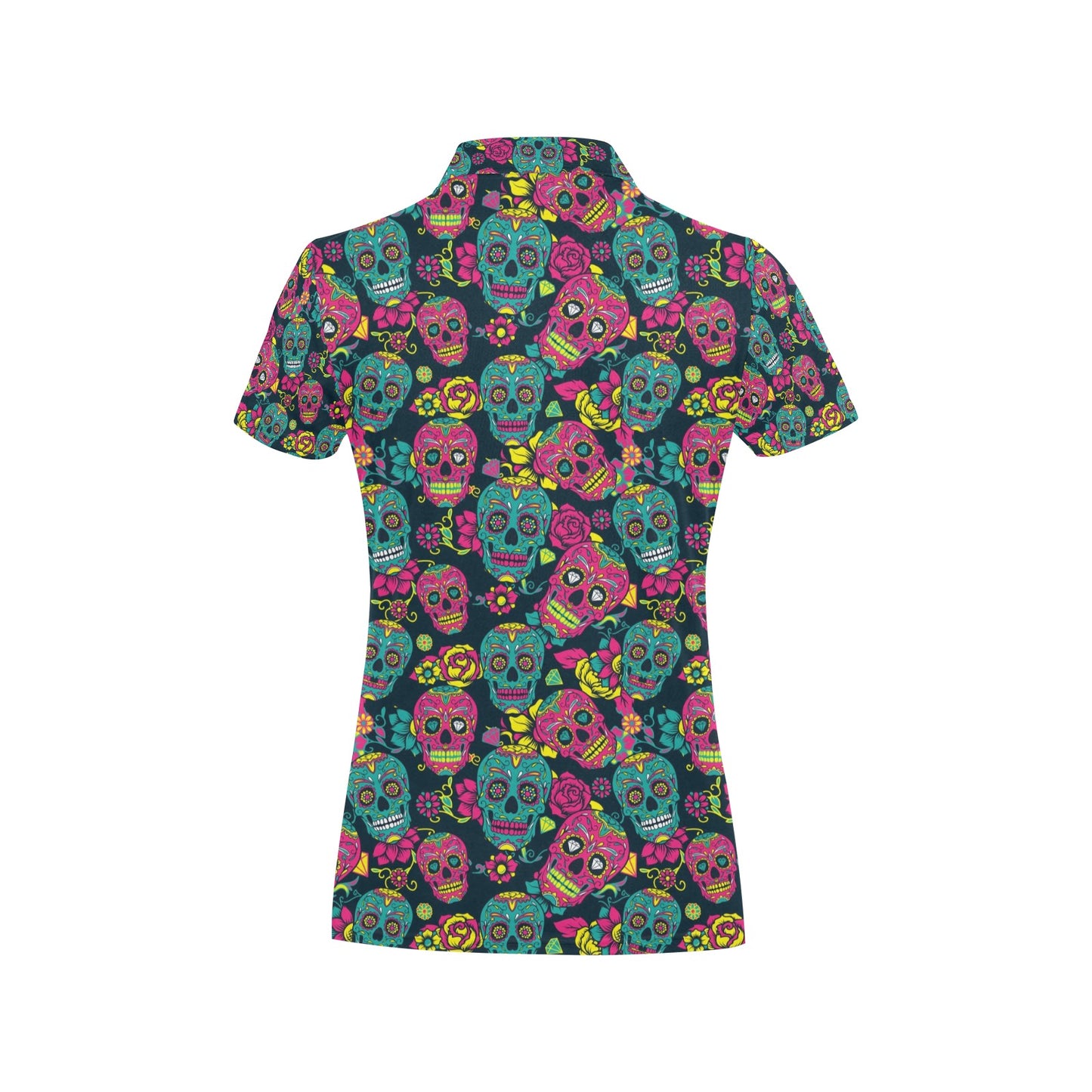 Sugar Skull Floral Design Themed Print Women's Polo Shirt