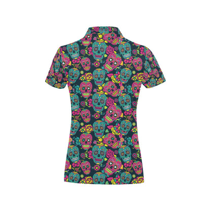 Sugar Skull Floral Design Themed Print Women's Polo Shirt