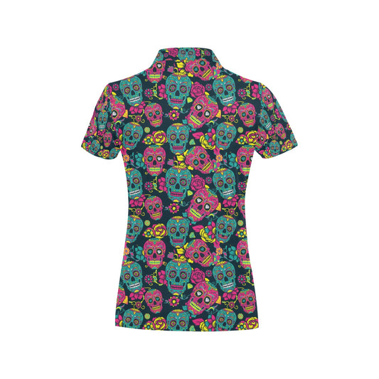 Sugar Skull Floral Design Themed Print Women's Polo Shirt