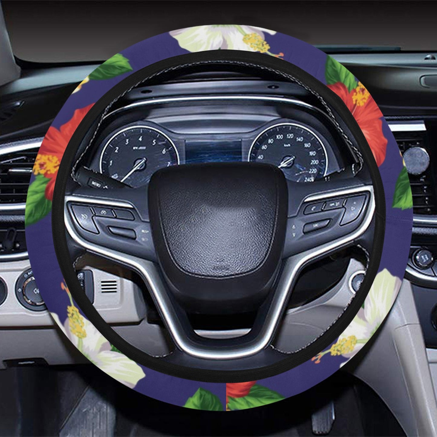 Hibiscus Colorful Print Design LKS301 Steering Wheel Cover with Elastic Edge