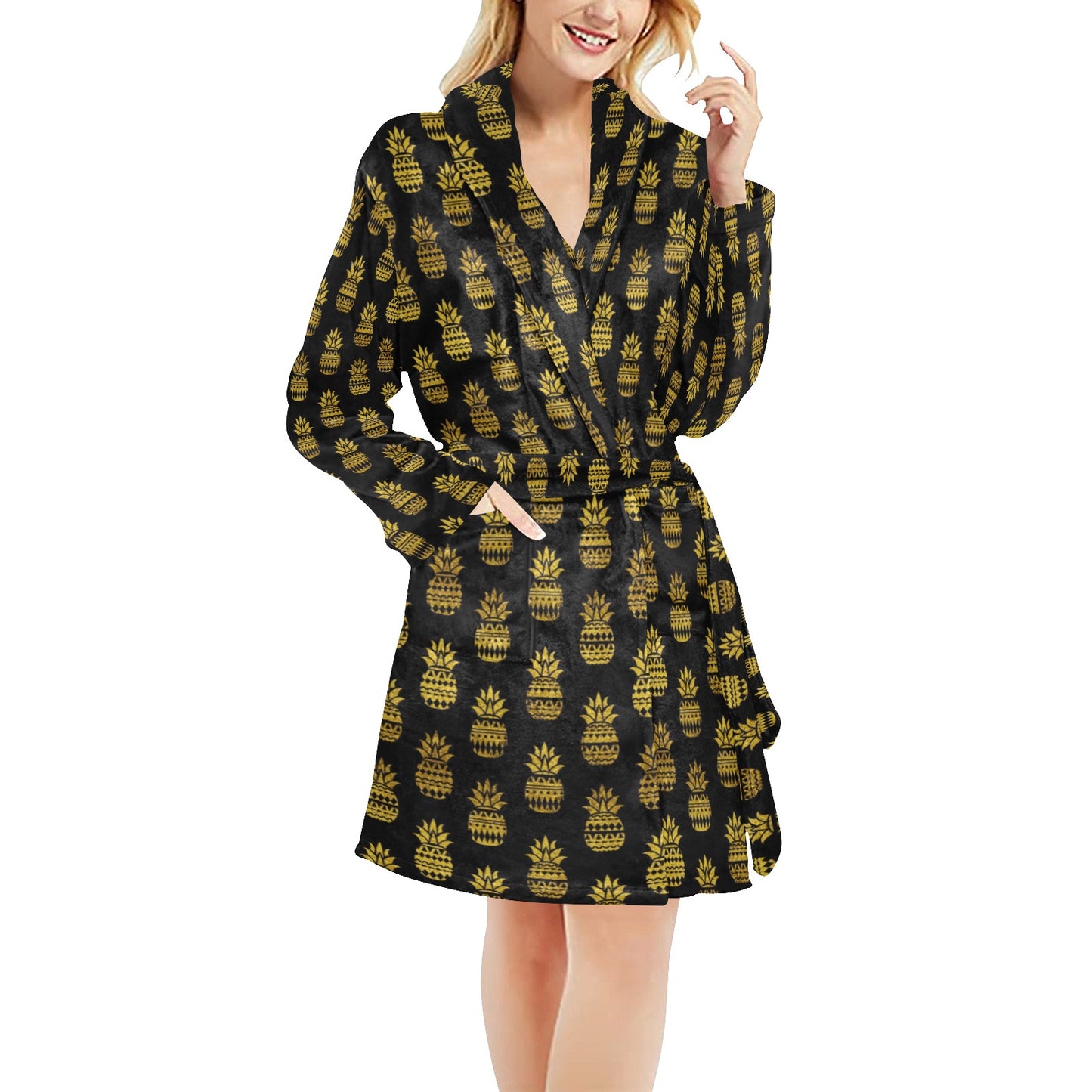 Pineapple Gold Tribal Style Print Women's Fleece Robe