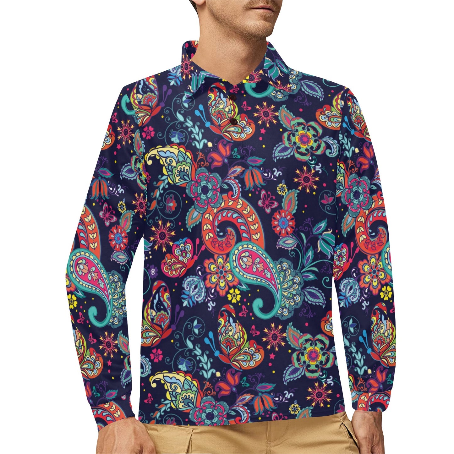 Paisley Boho Pattern Print Design A06 Long Sleeve Polo Shirt For Men's