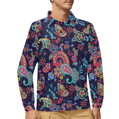 Paisley Boho Pattern Print Design A06 Long Sleeve Polo Shirt For Men's
