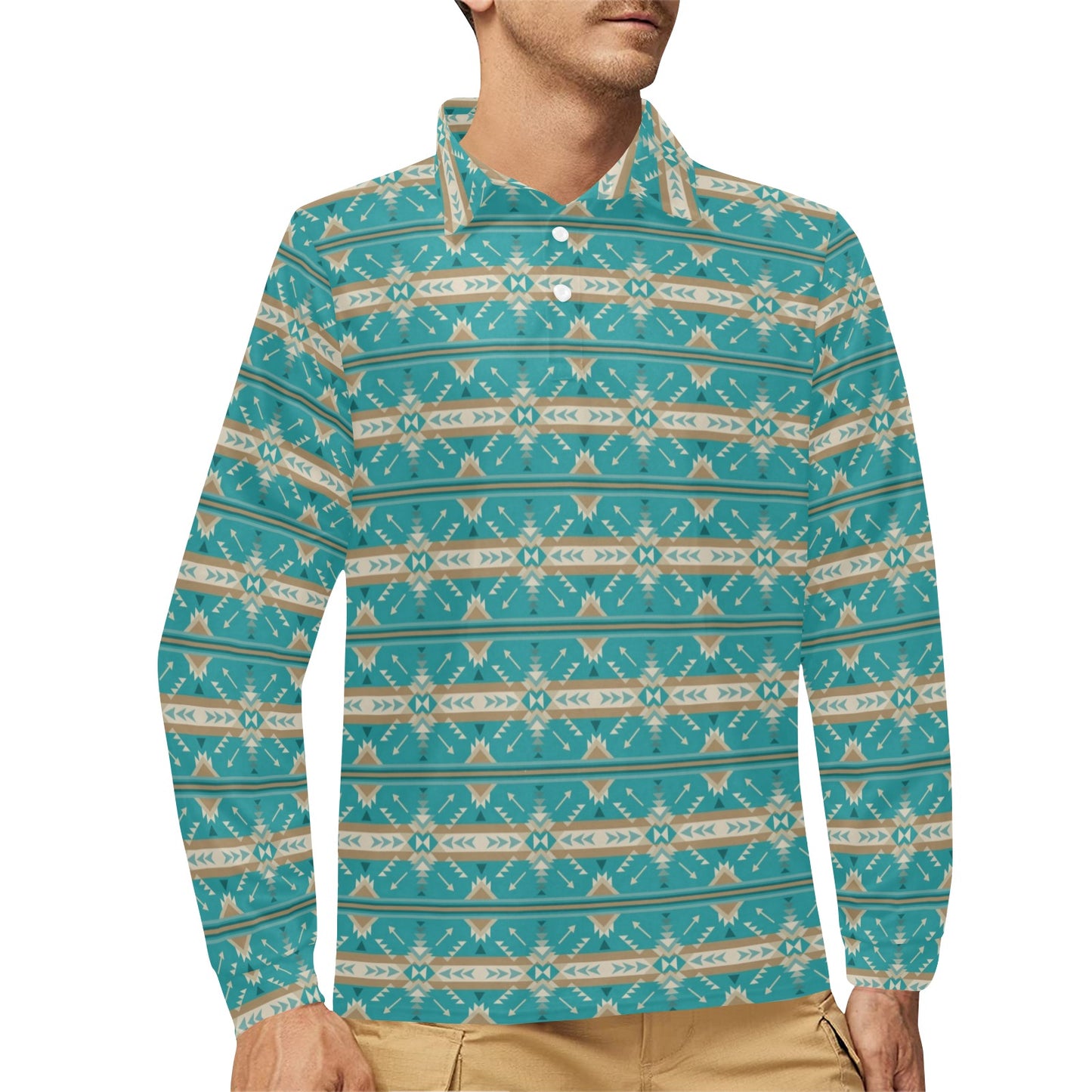 Southwest Native Design Themed Print Long Sleeve Polo Shirt For Men's