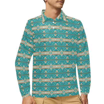 Southwest Native Design Themed Print Long Sleeve Polo Shirt For Men's