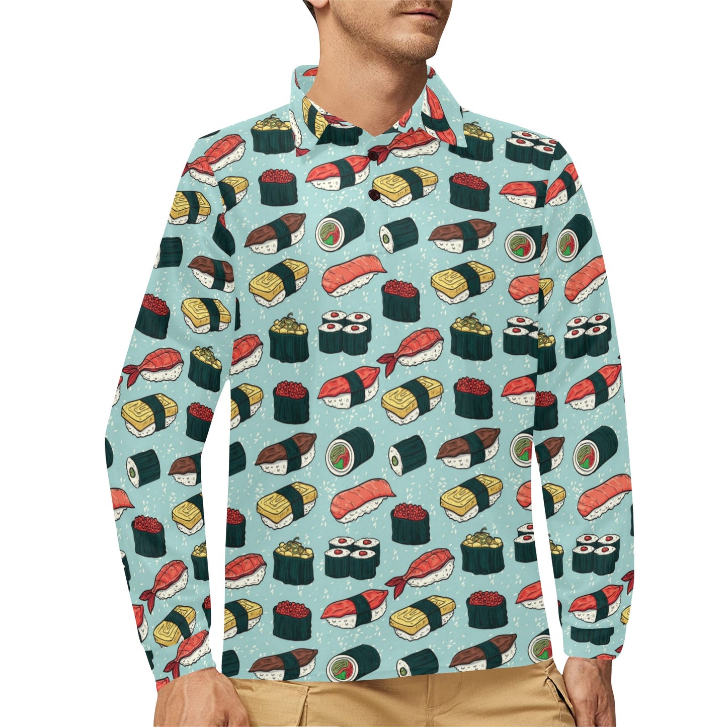 Sushi Pattern Design Long Sleeve Polo Shirt For Men's