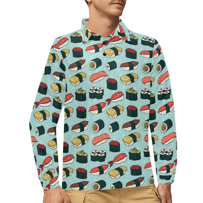 Sushi Pattern Design Long Sleeve Polo Shirt For Men's