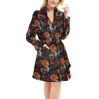 Chinese Dragons and Peonies Design Women's Fleece Robe