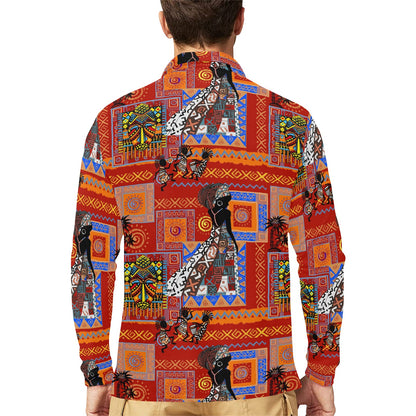 African Print Pattern Long Sleeve Polo Shirt For Men's