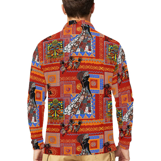 African Print Pattern Long Sleeve Polo Shirt For Men's