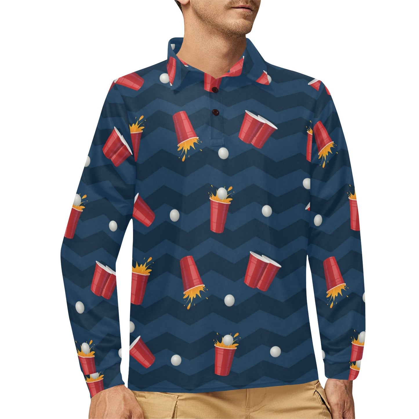 Beer Pong Pattern Print Design 01 Long Sleeve Polo Shirt For Men's