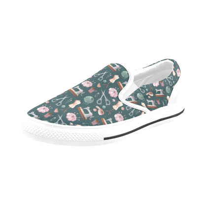 Sewing Equipment Print Design LKS307 White Slip Ons Canvas Women's Shoes