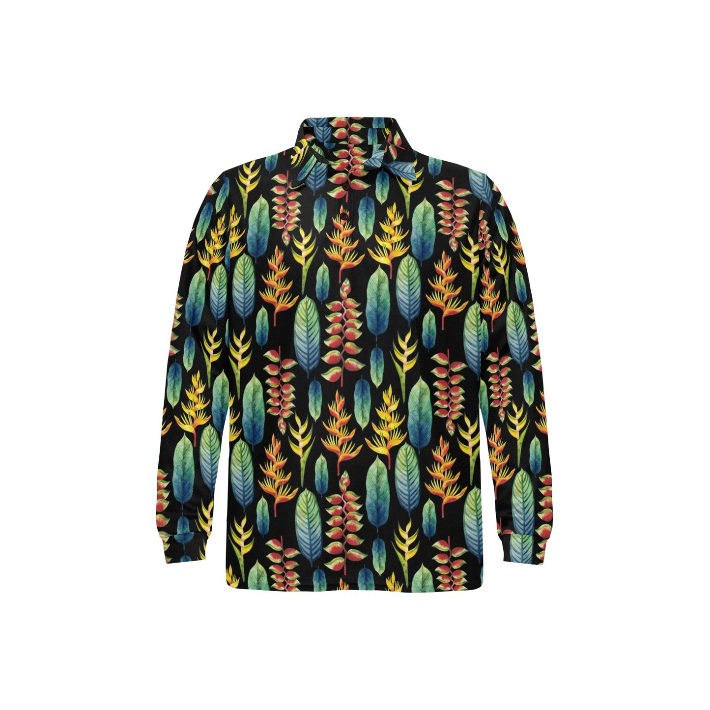 Heliconia Pattern Print Design HL03 Long Sleeve Polo Shirt For Men's
