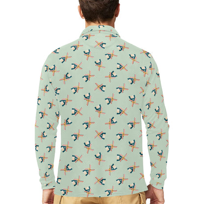 Windmill Pattern Print Design 02 Long Sleeve Polo Shirt For Men's