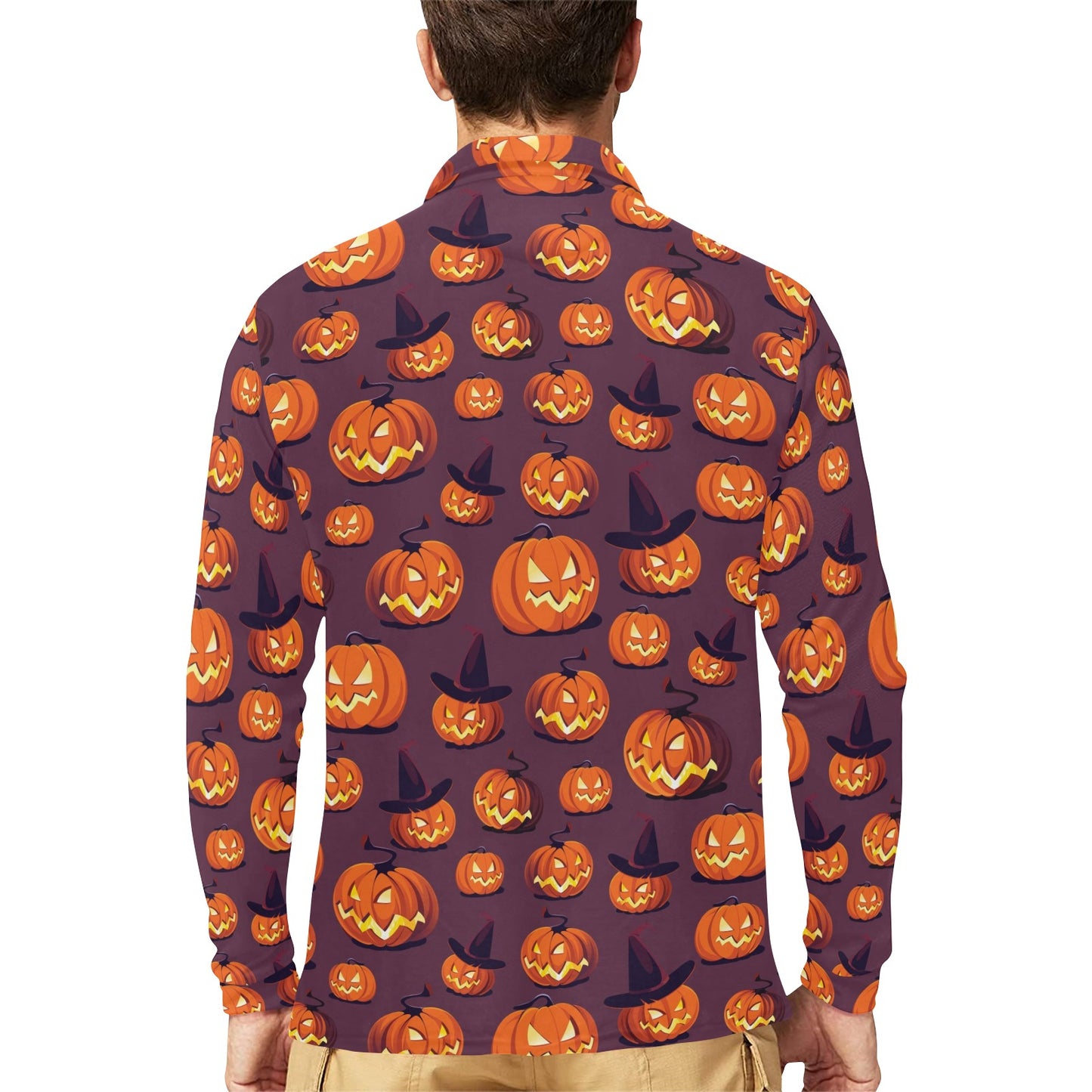 Halloween Pumpkin Pattern Print Design 03 Long Sleeve Polo Shirt For Men's