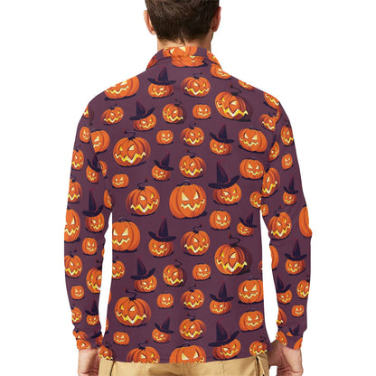 Halloween Pumpkin Pattern Print Design 03 Long Sleeve Polo Shirt For Men's