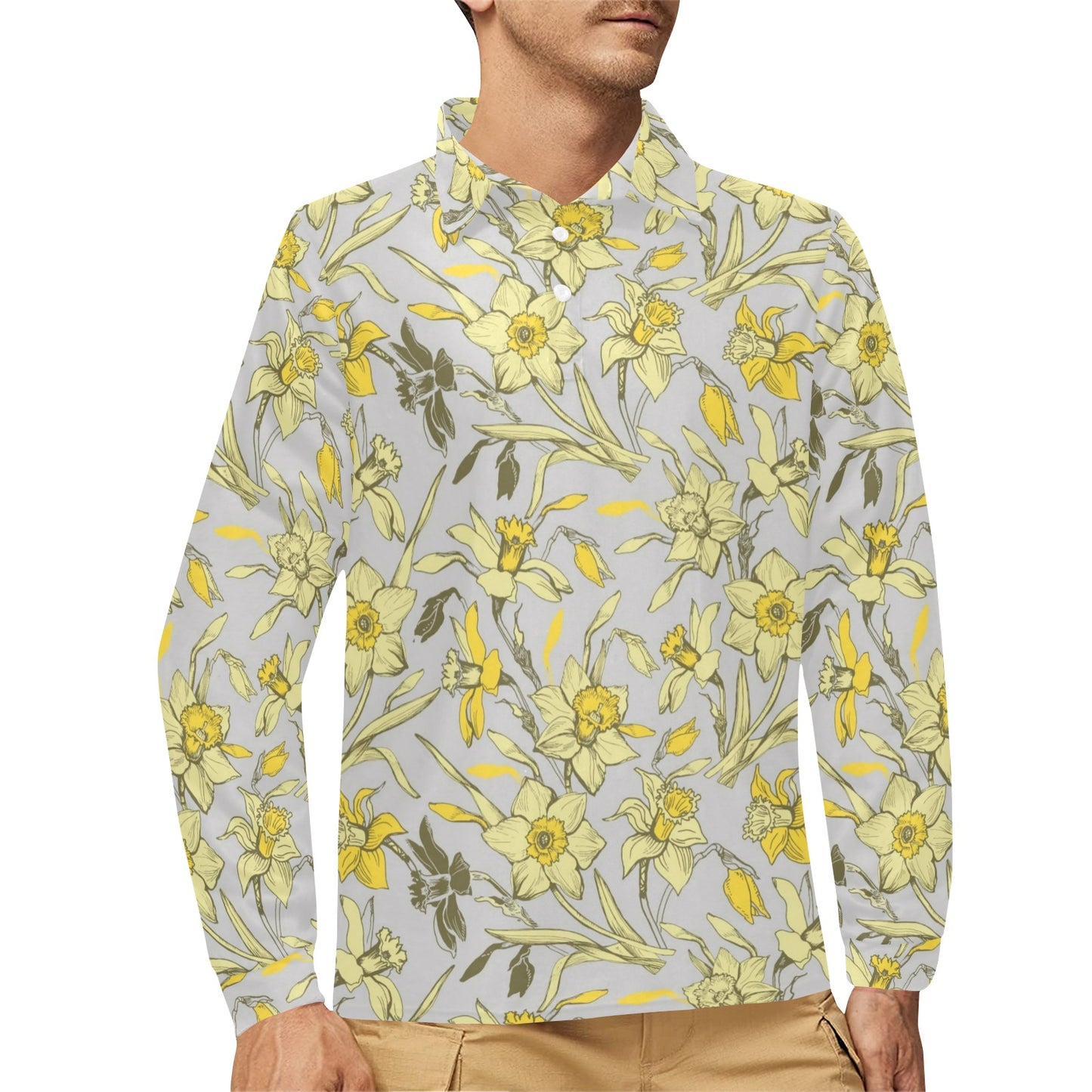 Daffodils Pattern Print Design DF05 Long Sleeve Polo Shirt For Men's