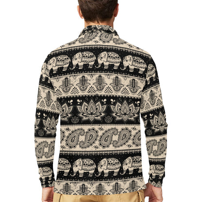 Elephant Hansa Lotus Pattern Long Sleeve Polo Shirt For Men's