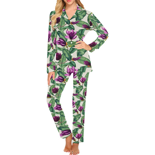 Magnolia Pattern Print Design MAG07 Women's Long Pajama Set