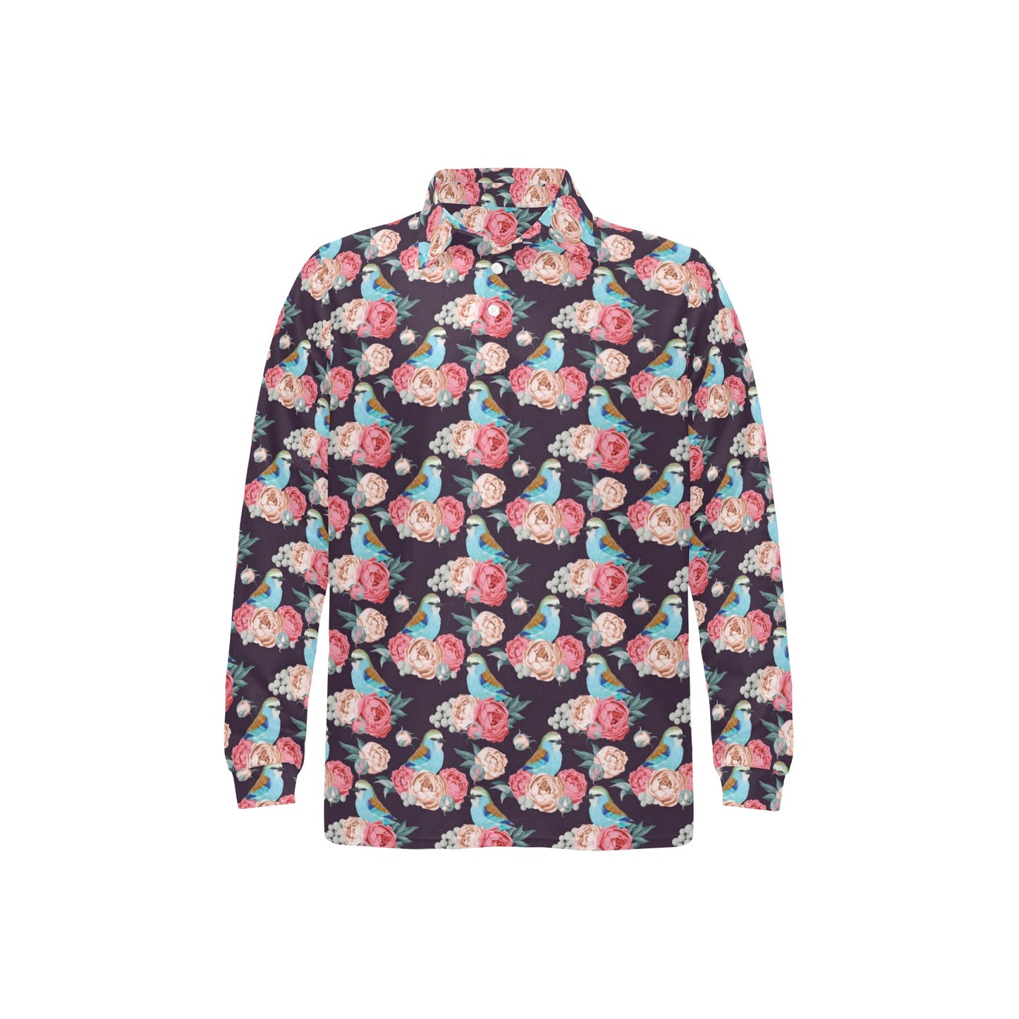 Bluebird Pattern Print Design 02 Long Sleeve Polo Shirt For Men's