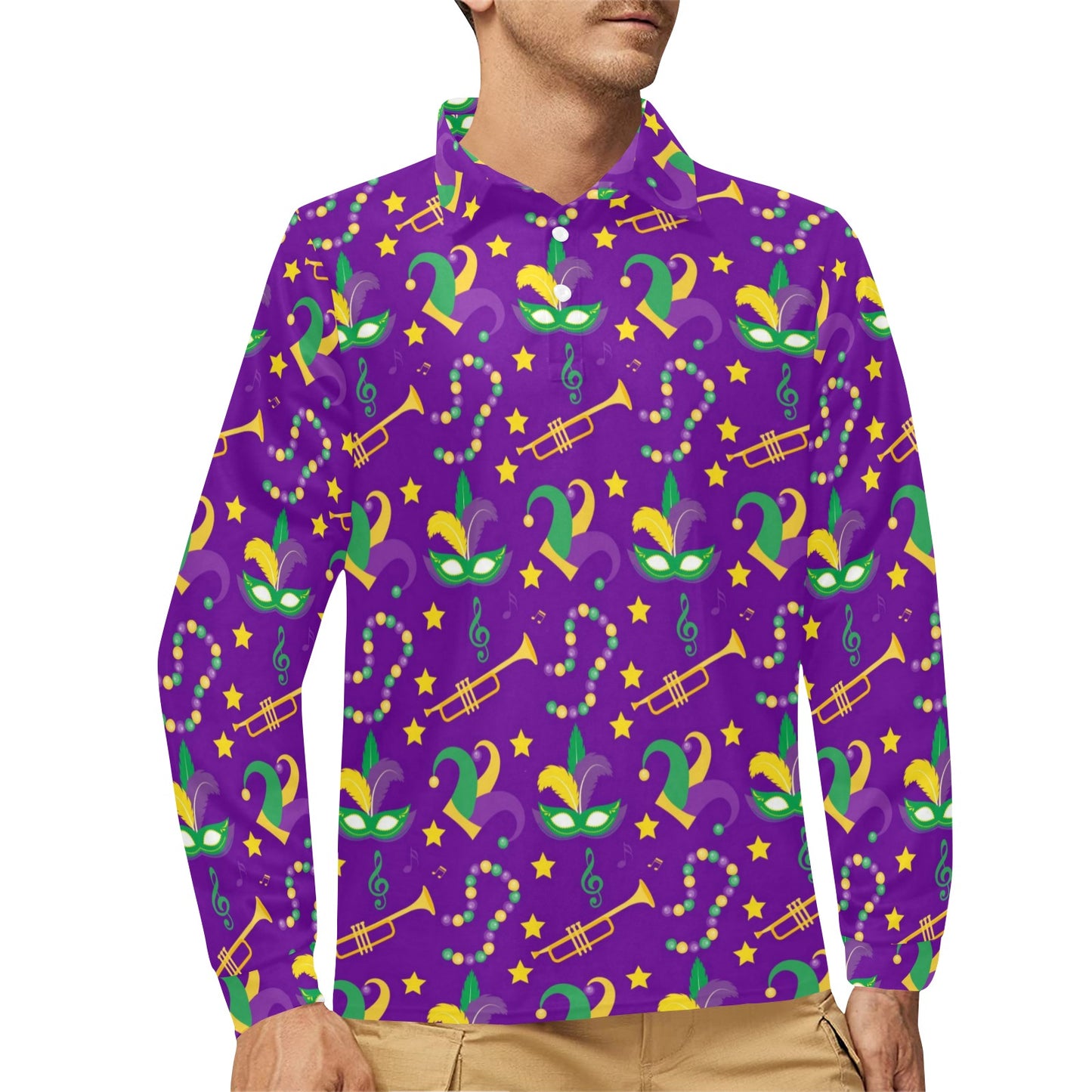 Mardi Gras Pattern Print Design 06 Long Sleeve Polo Shirt For Men's