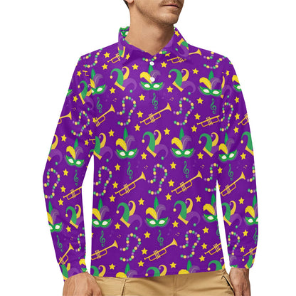Mardi Gras Pattern Print Design 06 Long Sleeve Polo Shirt For Men's