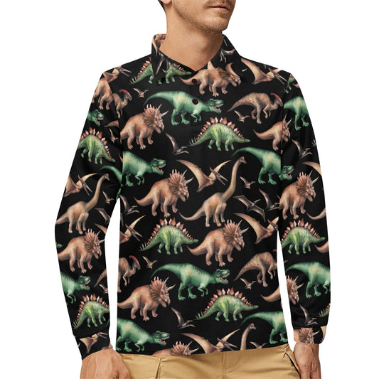 Dinosaur Print Pattern Long Sleeve Polo Shirt For Men's