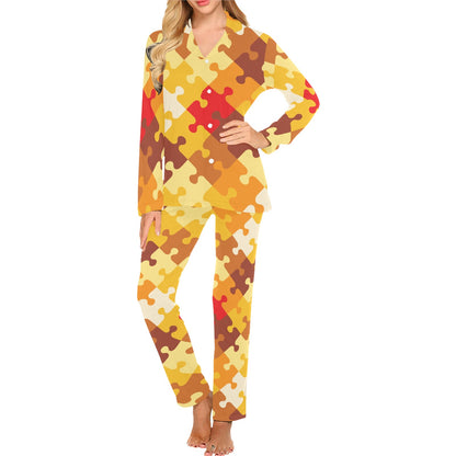 Puzzle Pattern Print Design A01 Women's Long Pajama Set