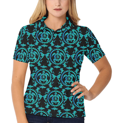 turquoise Tribal Sea Turtle Hawaiian Women's Polo Shirt