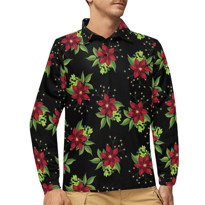 Poinsettia Pattern Print Design A01 Long Sleeve Polo Shirt For Men's