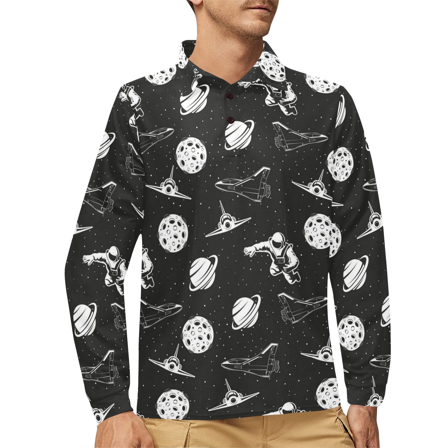 Space Astronauts Print Long Sleeve Polo Shirt For Men's