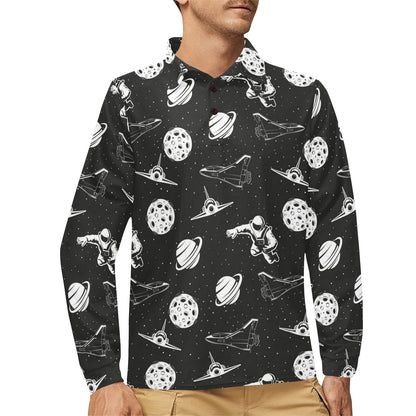 Space Astronauts Print Long Sleeve Polo Shirt For Men's