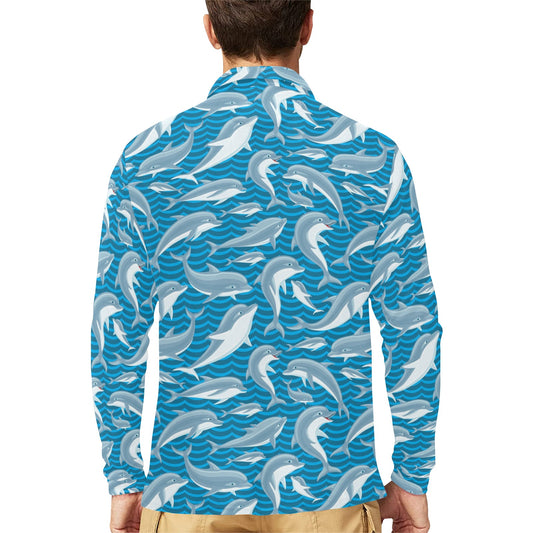 Dolphin Cute Print Pattern Long Sleeve Polo Shirt For Men's