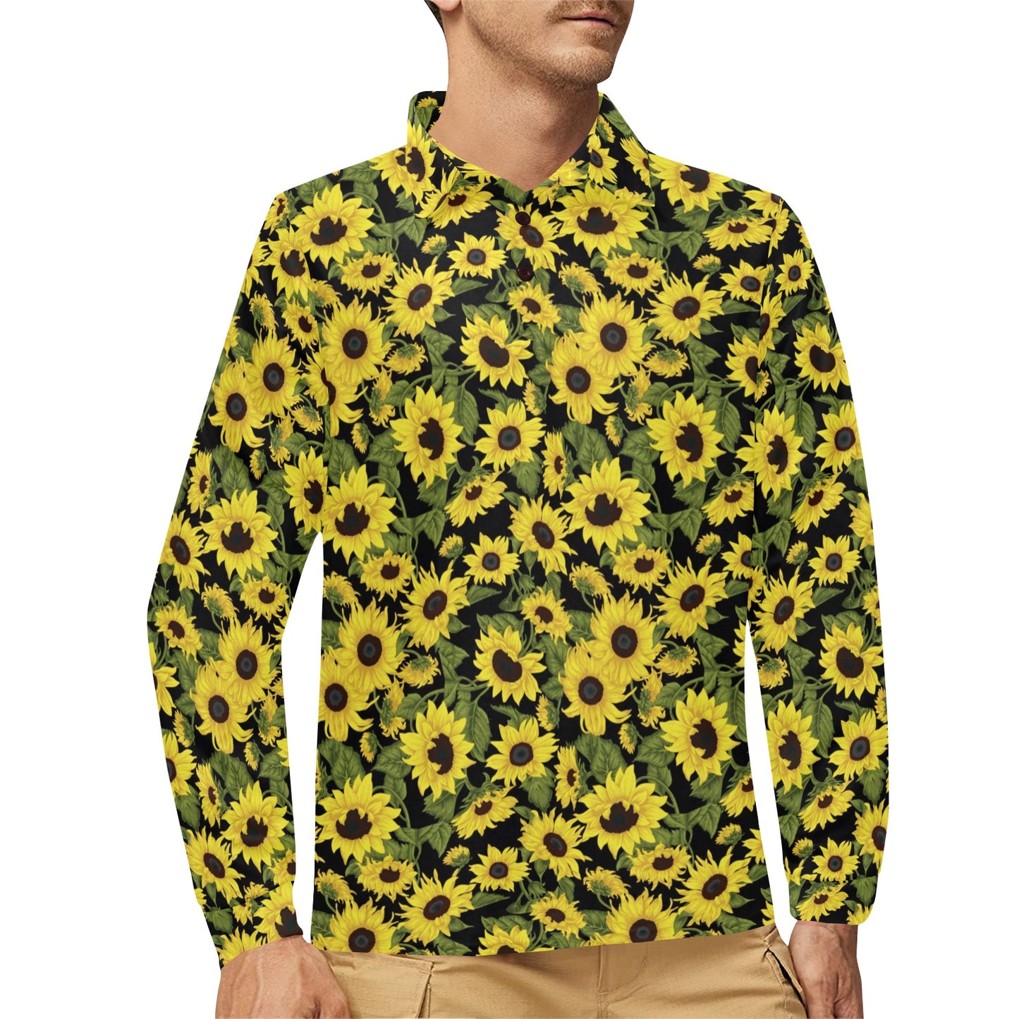 Sunflower Fresh Bright Color Print Long Sleeve Polo Shirt For Men's