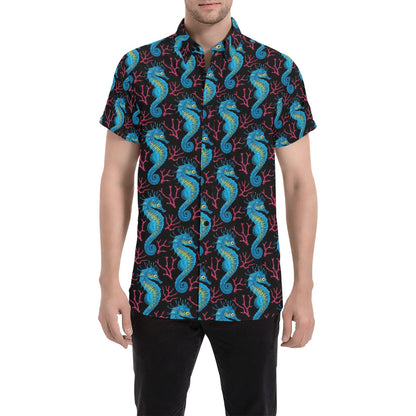 SeaHorse Print Design LKS401 Men Short Sleeve Button Up Shirt