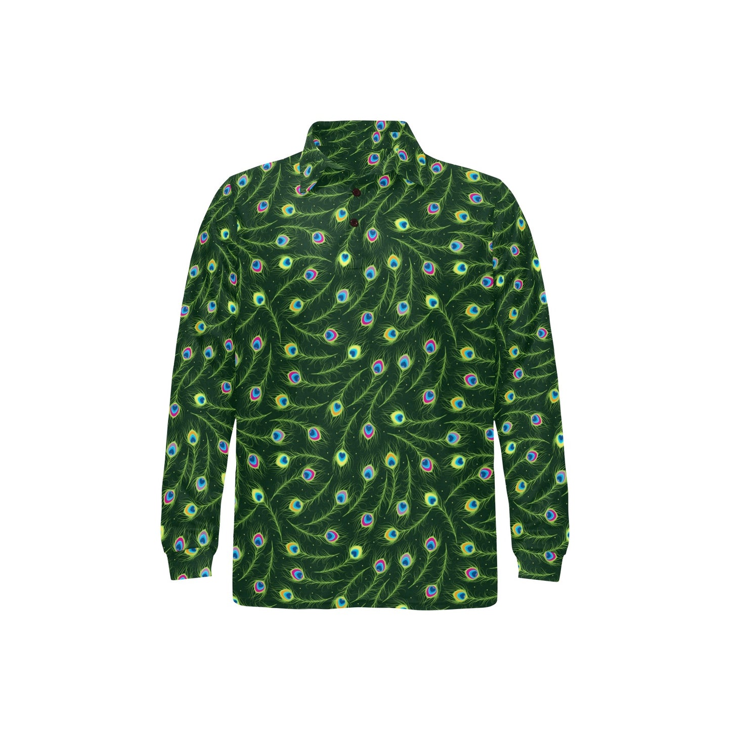 Peacock Feather Green Design Print Long Sleeve Polo Shirt For Men's