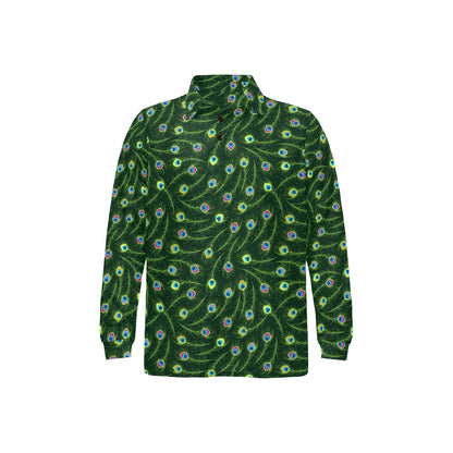 Peacock Feather Green Design Print Long Sleeve Polo Shirt For Men's