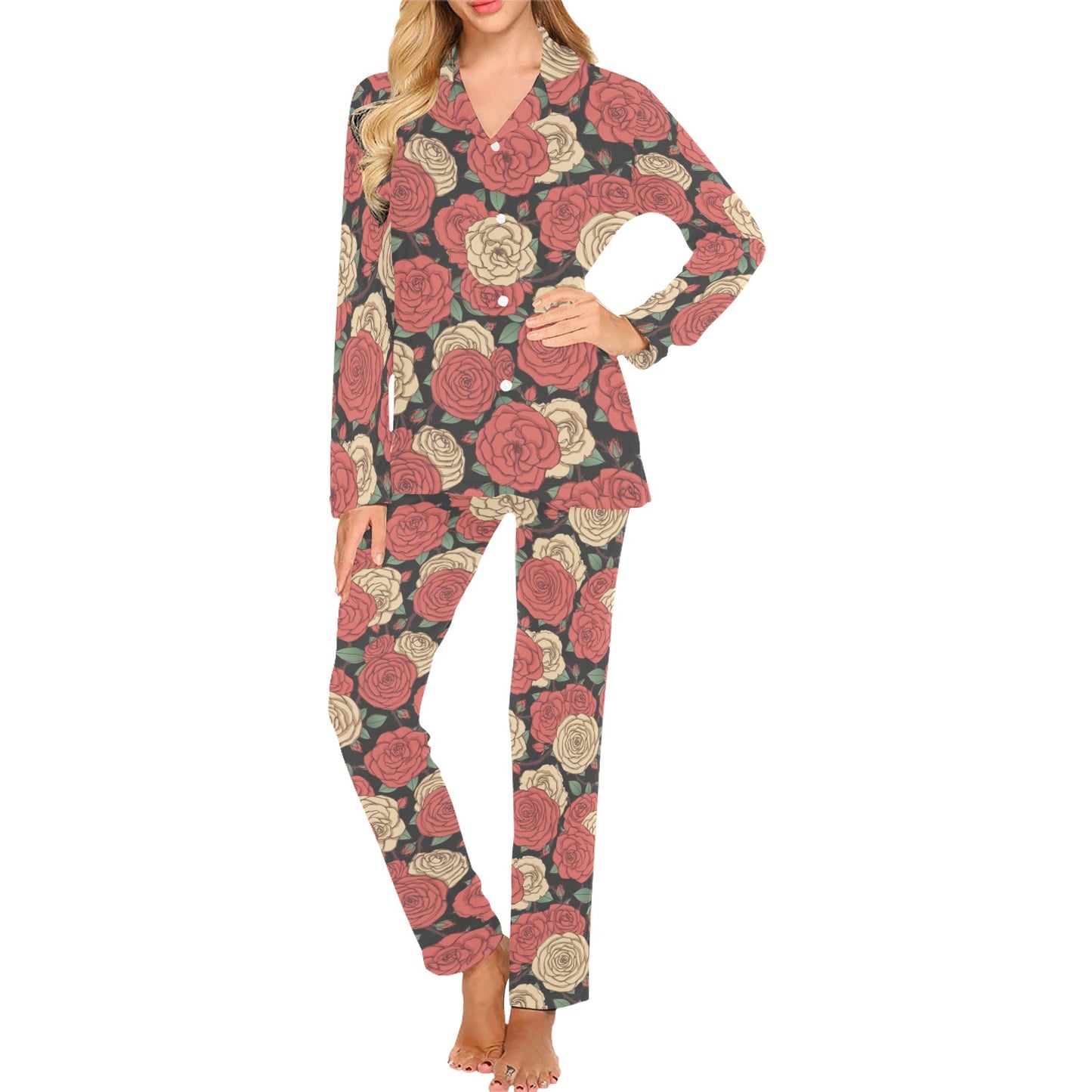 Camellia Pattern Print Design CM01 Women's Long Pajama Set