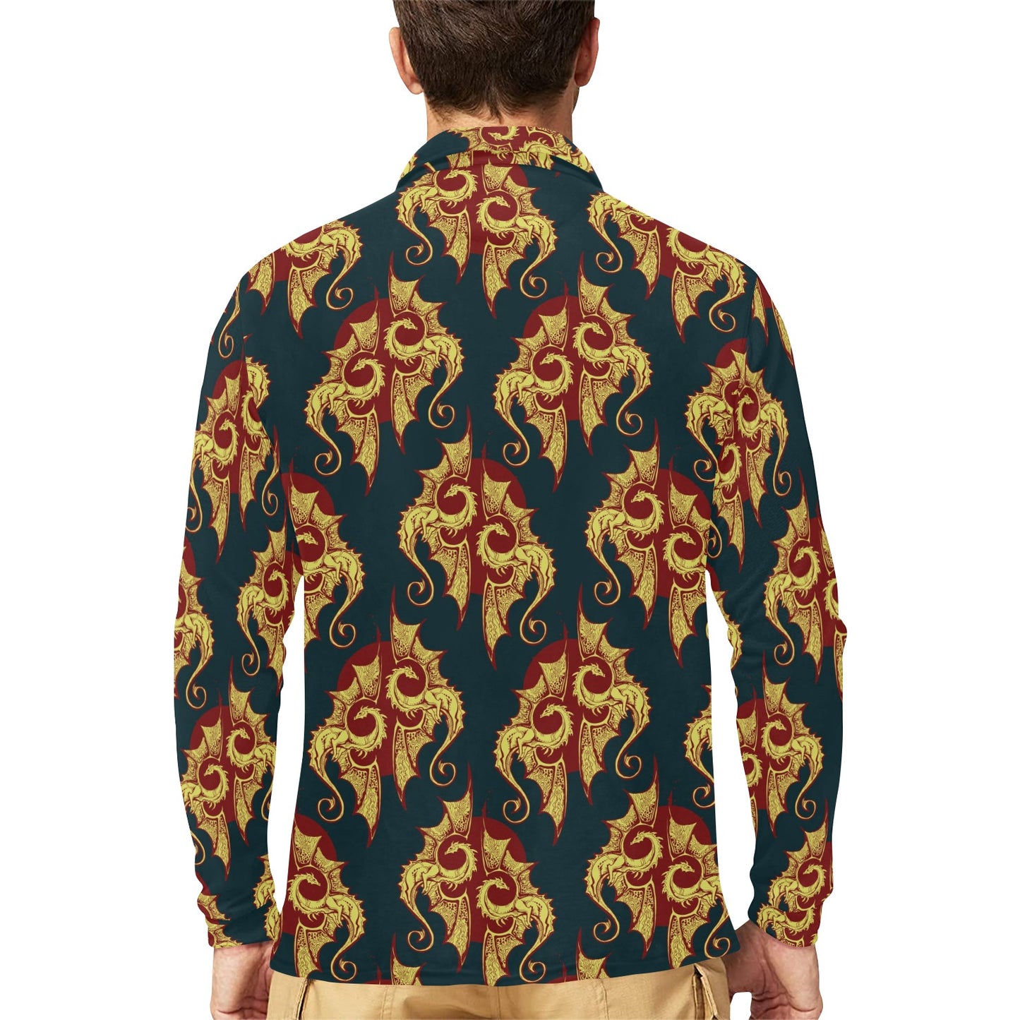 Dragons Gold Design Pattern Long Sleeve Polo Shirt For Men's