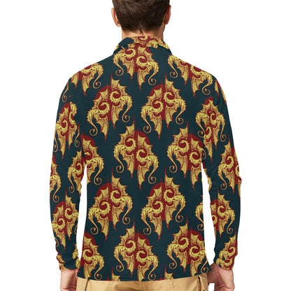 Dragons Gold Design Pattern Long Sleeve Polo Shirt For Men's