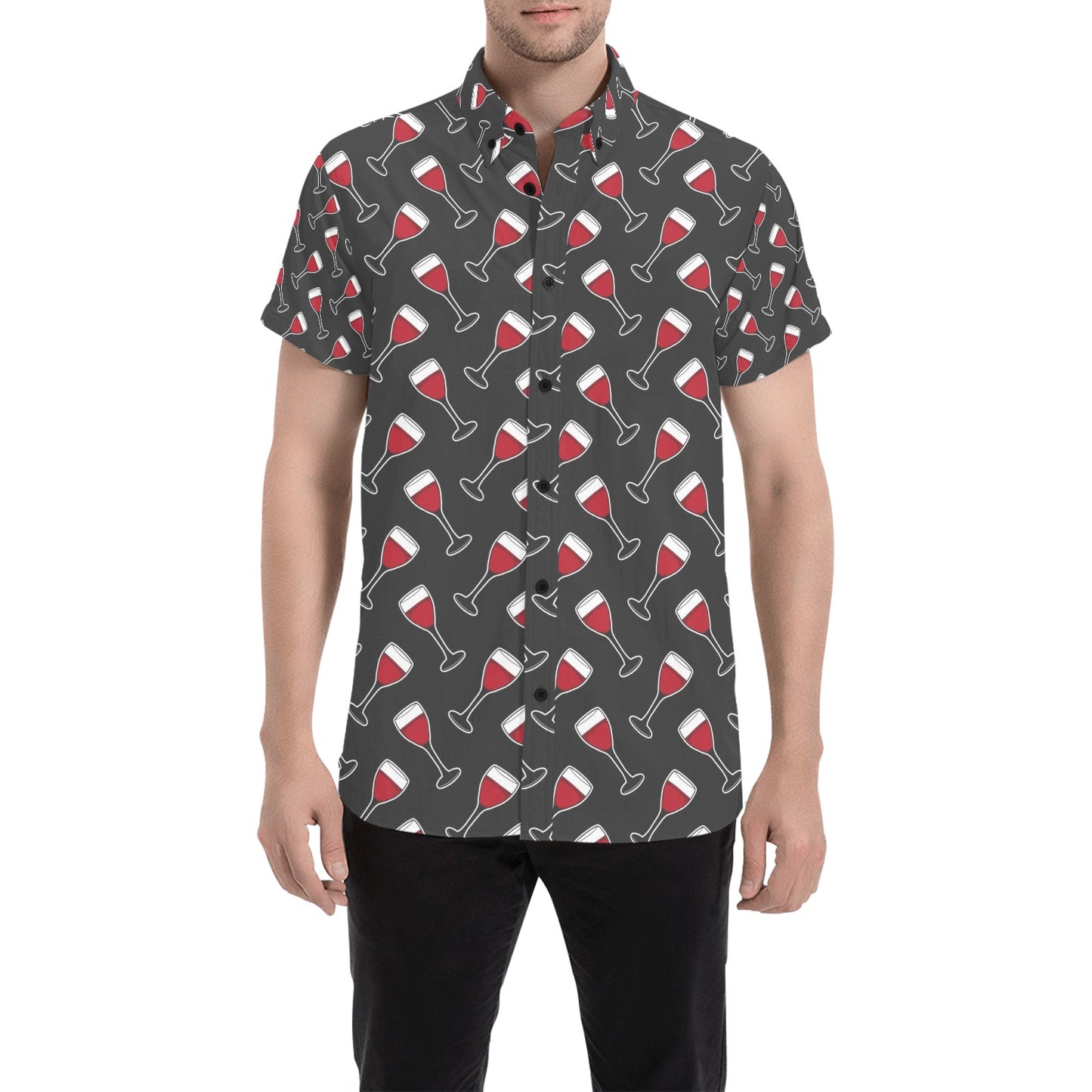Wine Print Design LKS308 Men Short Sleeve Button Up Shirt