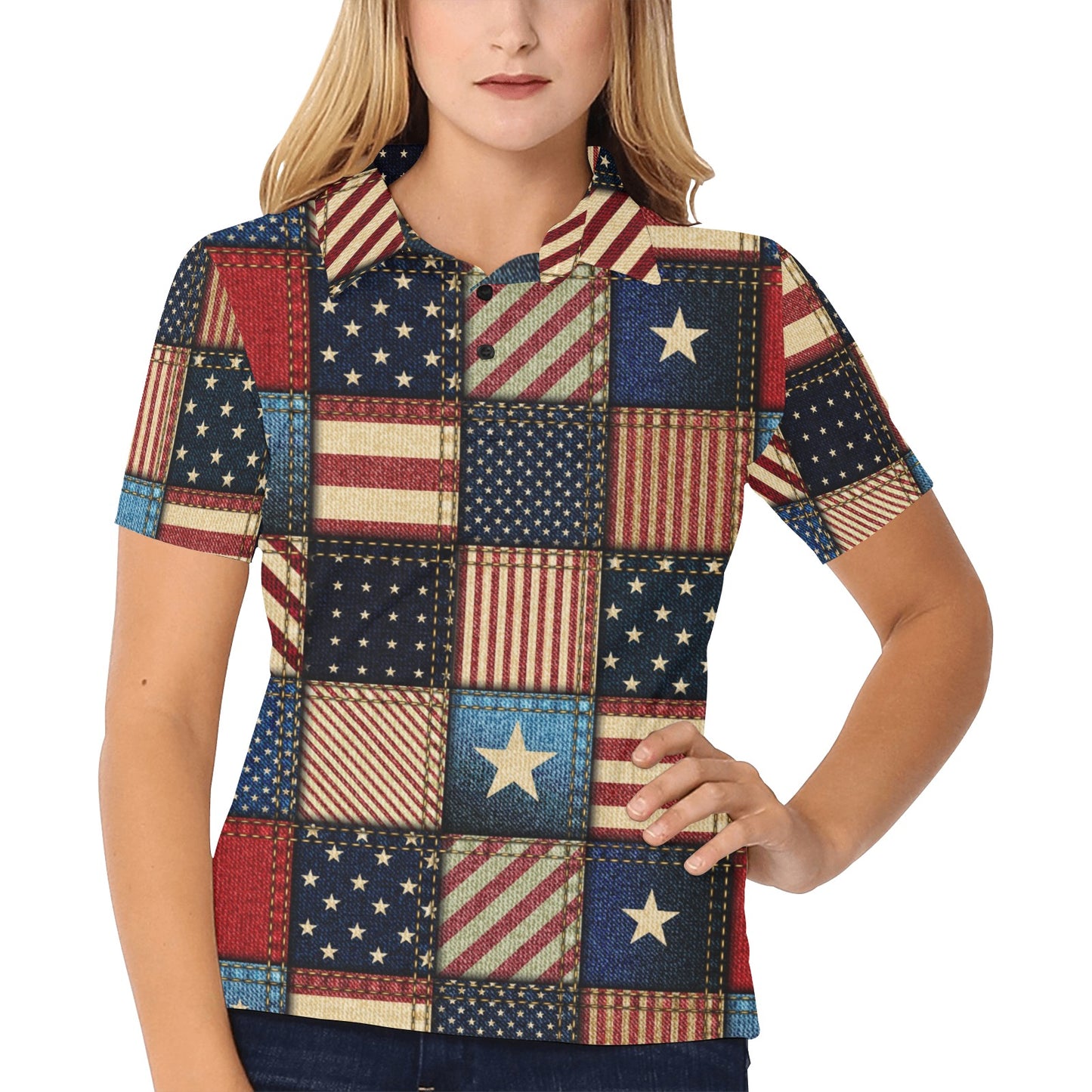 American flag Patchwork Design Women's Polo Shirt