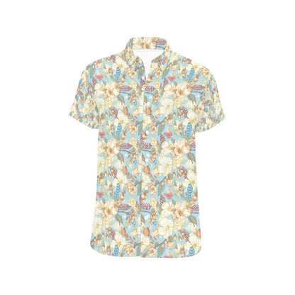 Summer Floral Print Design LKS302 Men Short Sleeve Button Up Shirt
