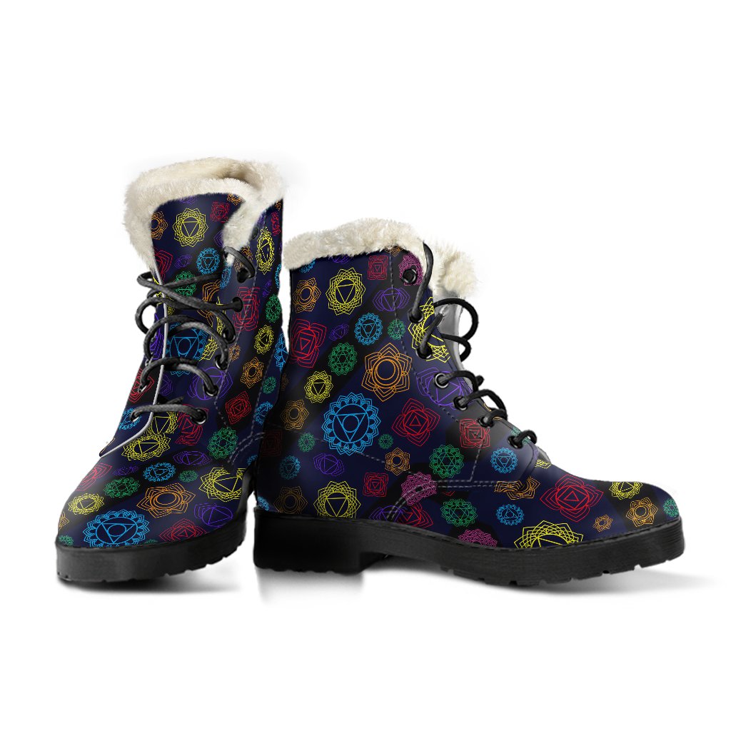 Chakra Colorful Print Pattern Faux Fur Leather Boots-JTAMIGO.COM
