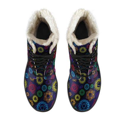 Chakra Colorful Print Pattern Faux Fur Leather Boots-JTAMIGO.COM